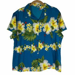 4/$25 ALVISH Shirt Blue Tropical  Hibiscus Button Down Womens L